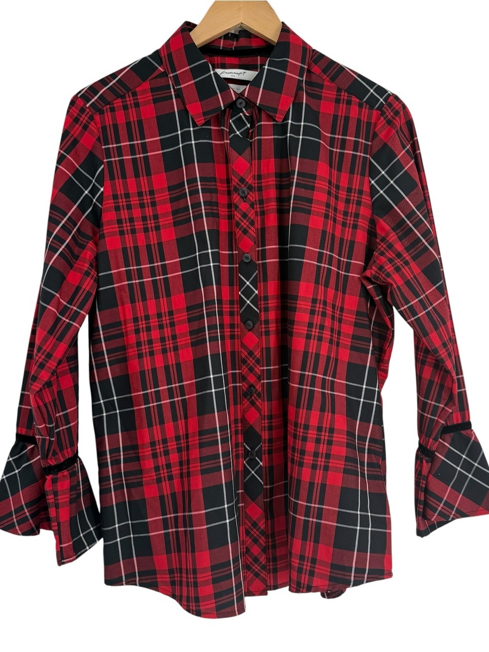 Foxcroft Button Up Shirt Womens Size 14 Wrinkle Free Red Black Plaid Ruffle Cuff